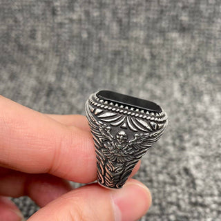 Black Agate Stainless Steel Carved Biker Ring