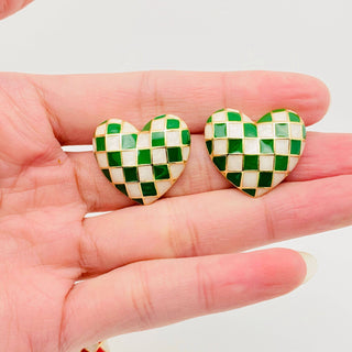 Enamel Checkered Heart Studs