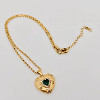 Green Zircon Stainless Steel & Gold Heart Pendant Necklace