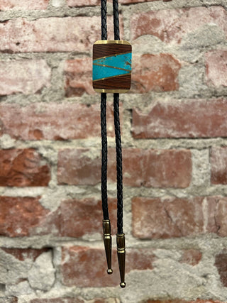 Turquoise, Wood, & Brass Vintage Bolo Tie