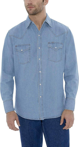 Ely Men's Long Sleeve Washed Bleach Denim Western Snap Shirt