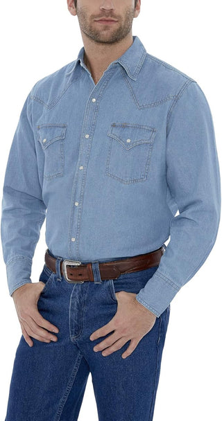 Ely Men's Long Sleeve Washed Bleach Denim Western Snap Shirt