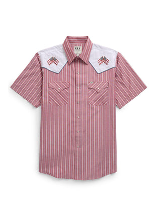 Ely Men's Short Sleeve Stripe w Flag Western Snap Shirt