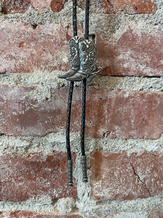 Etched Cowboy Boot Bolo Tie