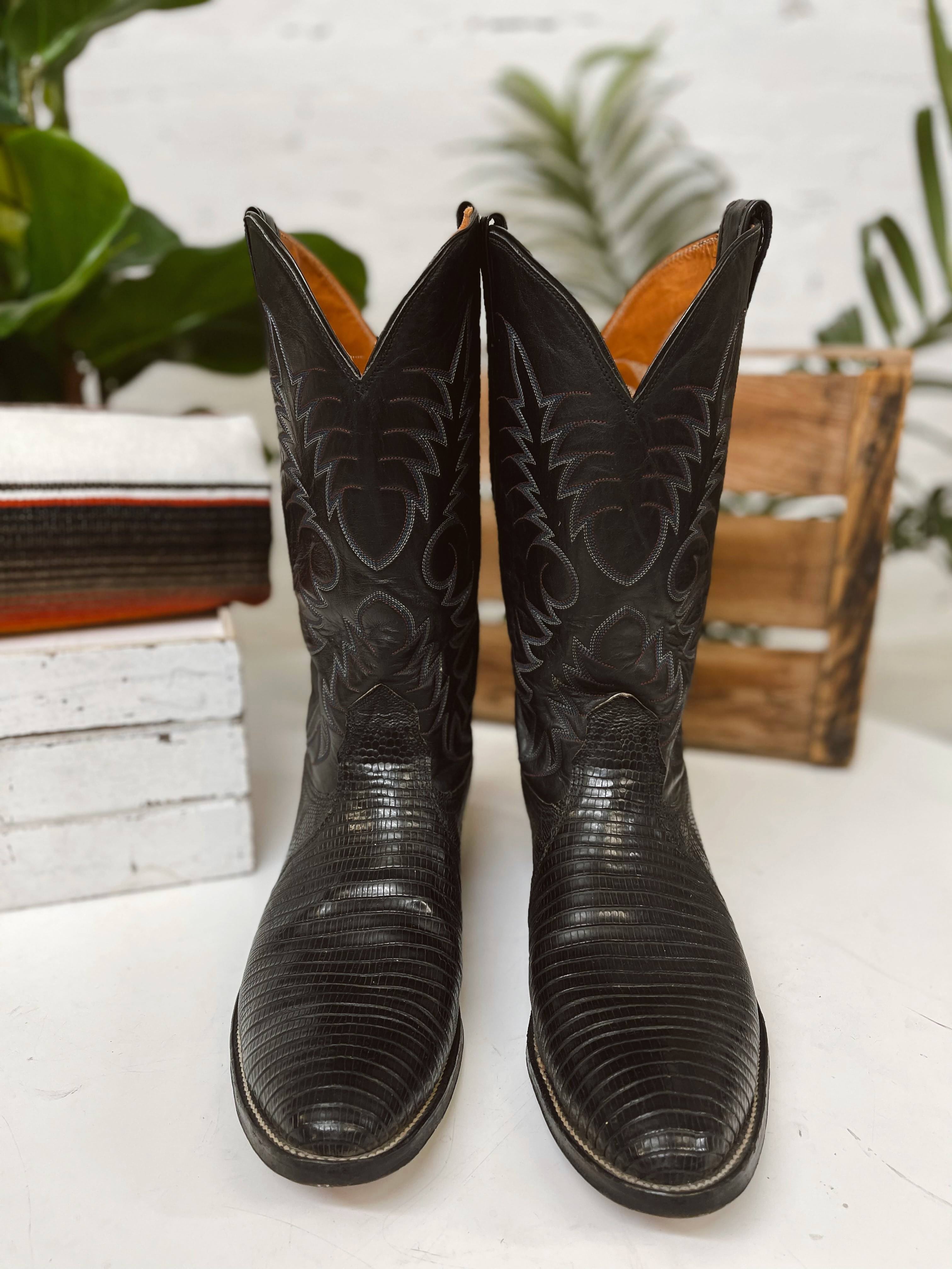 Size 11.5 Black Cowboy Boots Nocona Boots Lizard Boots Pointed Toe
